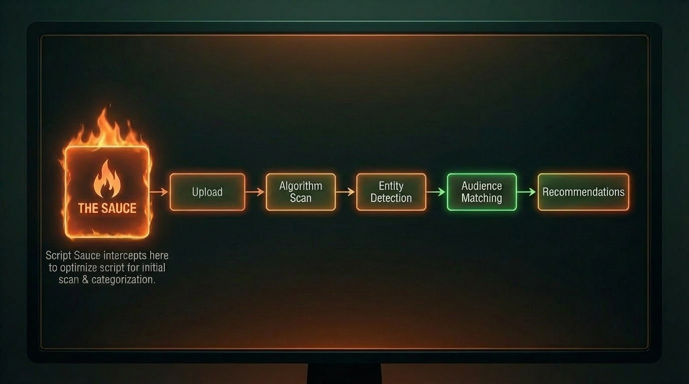 YouTube content pipeline diagram showing where Script Sauce intercepts