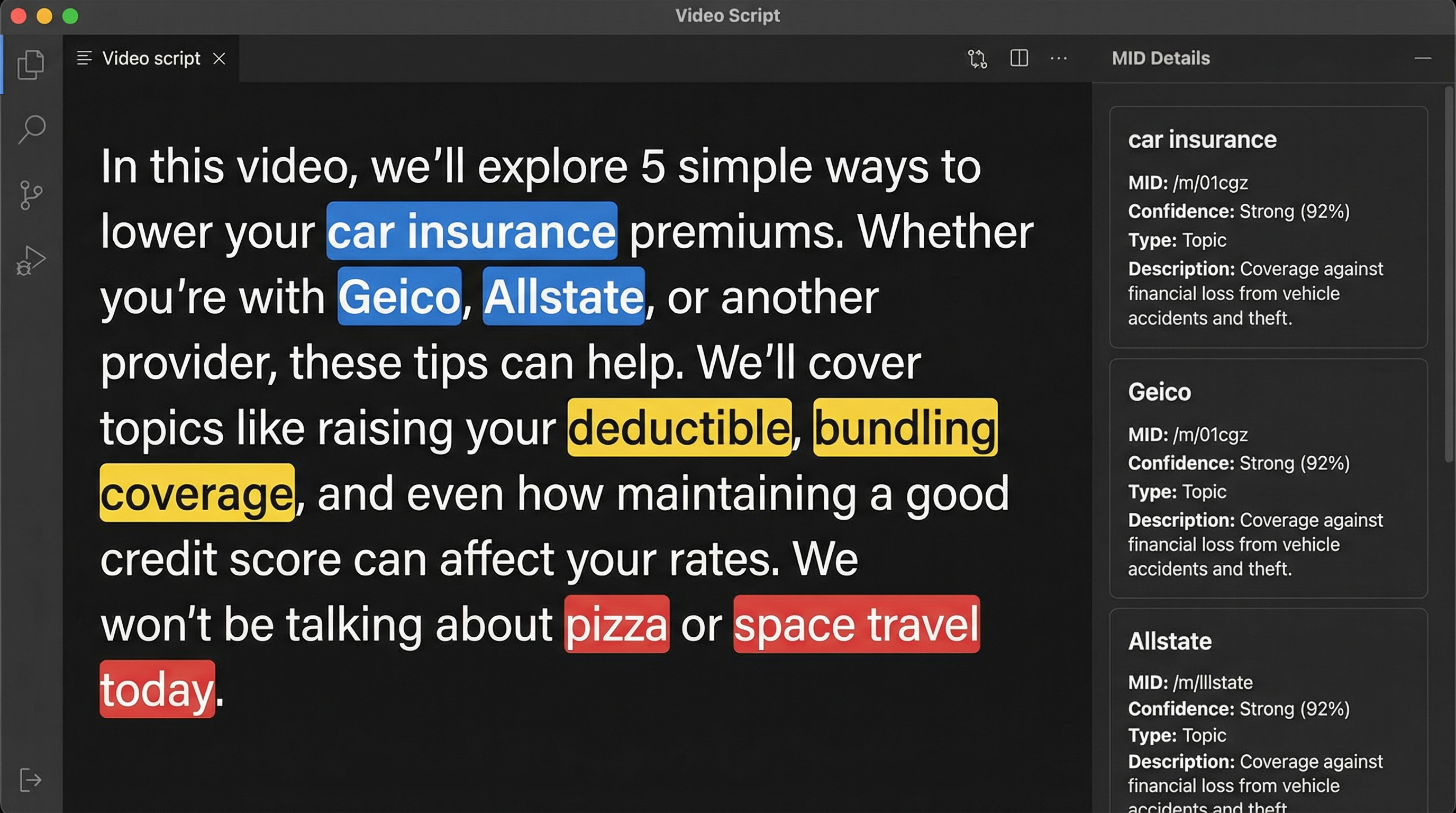 Script with entity highlights showing MID matches